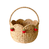 Handwoven Scalloped Basket With Handle – Natural Seagrass Storage With Strawberry Accents