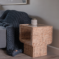Geometric Woven Side Table with Glass Top