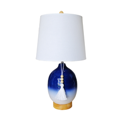 Ceramic Table Lamp with Tassel Accent - Blue Gradient Base and Fabric Shade