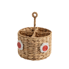 Handwoven Seagrass Utensil Holder with Red Ceramic Flower Accent