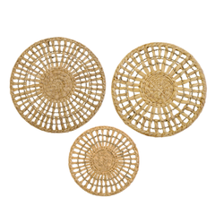 Set Of 3 Handwoven Natural Fiber Wall Décor – Natural Boho Circular Design - Starburst Ring