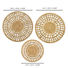 Set Of 3 Handwoven Natural Fiber Wall Décor – Natural Boho Circular Design - Starburst Ring
