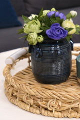 Set of 2 Twisted Water Hyacinth Round Trays with Ceramic Handles