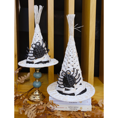 Set Of 2 Handwoven White Witch Hat Decorations With Black Spider Accent – Halloween Tabletop Decor
