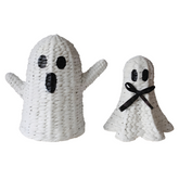 Set Of 2 Handwoven White Ghost Figurines – Halloween Tabletop Decorations With Bow & Raised Arms