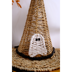 Set Of 2 Handwoven Natural Witch Hat Decorations With Ghost And Spider Accents – Halloween Tabletop Décor