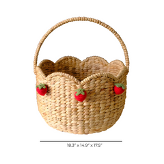 Handwoven Scalloped Basket With Handle – Natural Seagrass Storage With Strawberry Accents