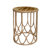 Handwoven Round Side Table With Wood Top – Natural Rattan Accent Table