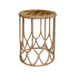 Handwoven Round Side Table With Wood Top – Natural Rattan Accent Table