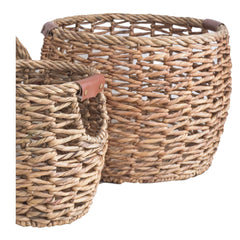 Set of 3 Handwoven Round Water Hyacinth Baskets with PU Leather Handles