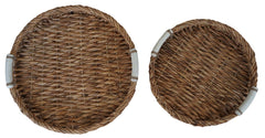 Natural Woven Water Hyacinth Tray With Ceramic Handles 2 Piece Set