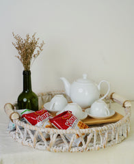 White Woven Water Hyacinth Tray With Ceramic Handles 2 Piece Set