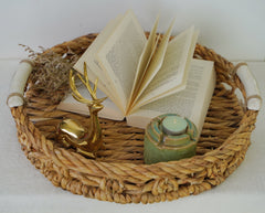 Natural Woven Water Hyacinth Tray With Ceramic Handles 2 Piece Set