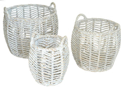 Round Woven Water Hyacinth Baskets 3 Piece Set in White Wash finish