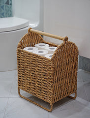 Toilet Paper Woven Water Hyacinth Basket With Wooden Handle in Natural Color