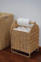 Toilet Paper Woven Water Hyacinth Basket With Wooden Handle in Natural Color