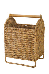 Toilet Paper Woven Water Hyacinth Basket With Wooden Handle in Natural Color