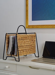 Woven Water Hyacinth Magazine Holder With Black Metal Frame