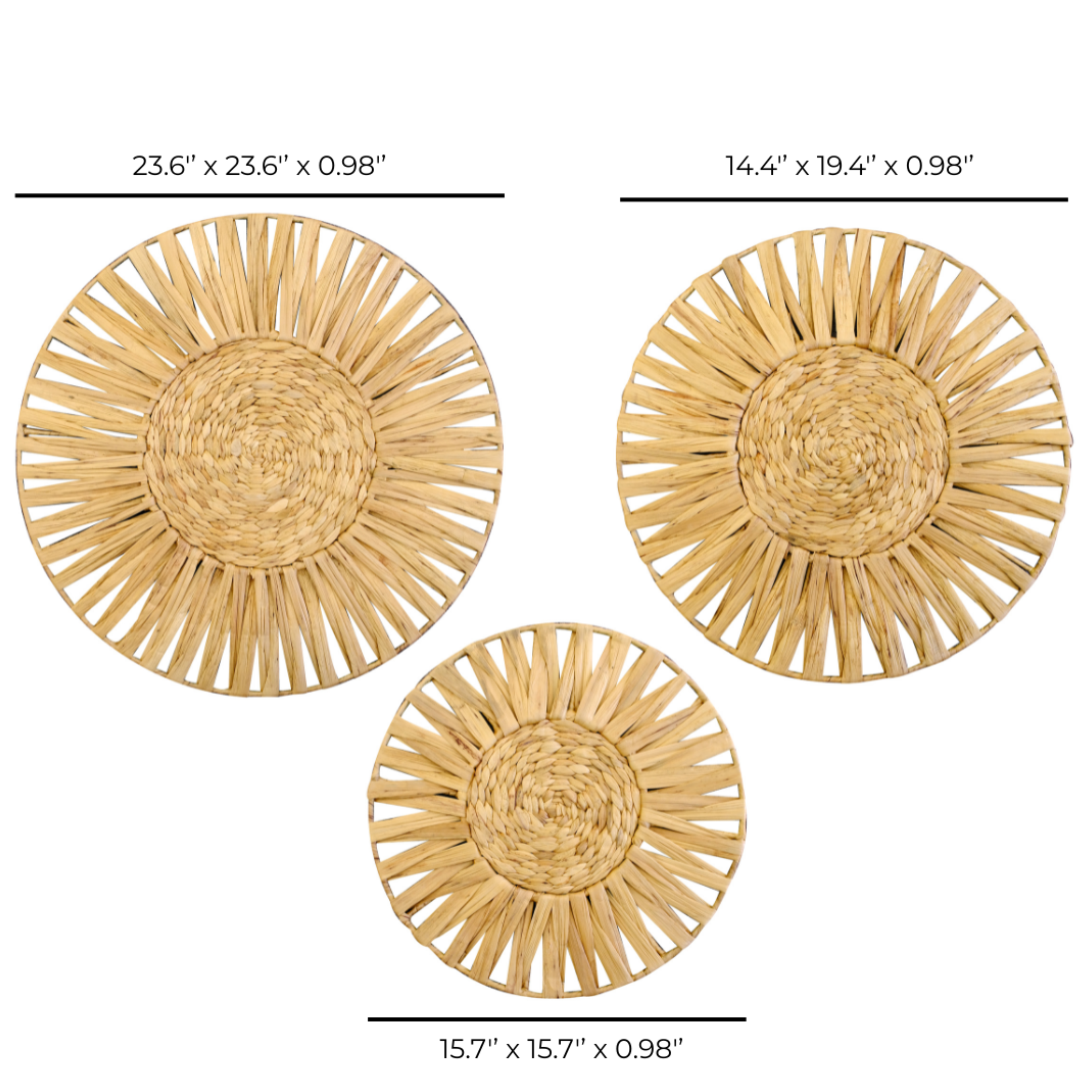 Set Of 3 Handwoven Natural Fiber Wall Décor – Natural Boho Circular Design - Starburst Spoke