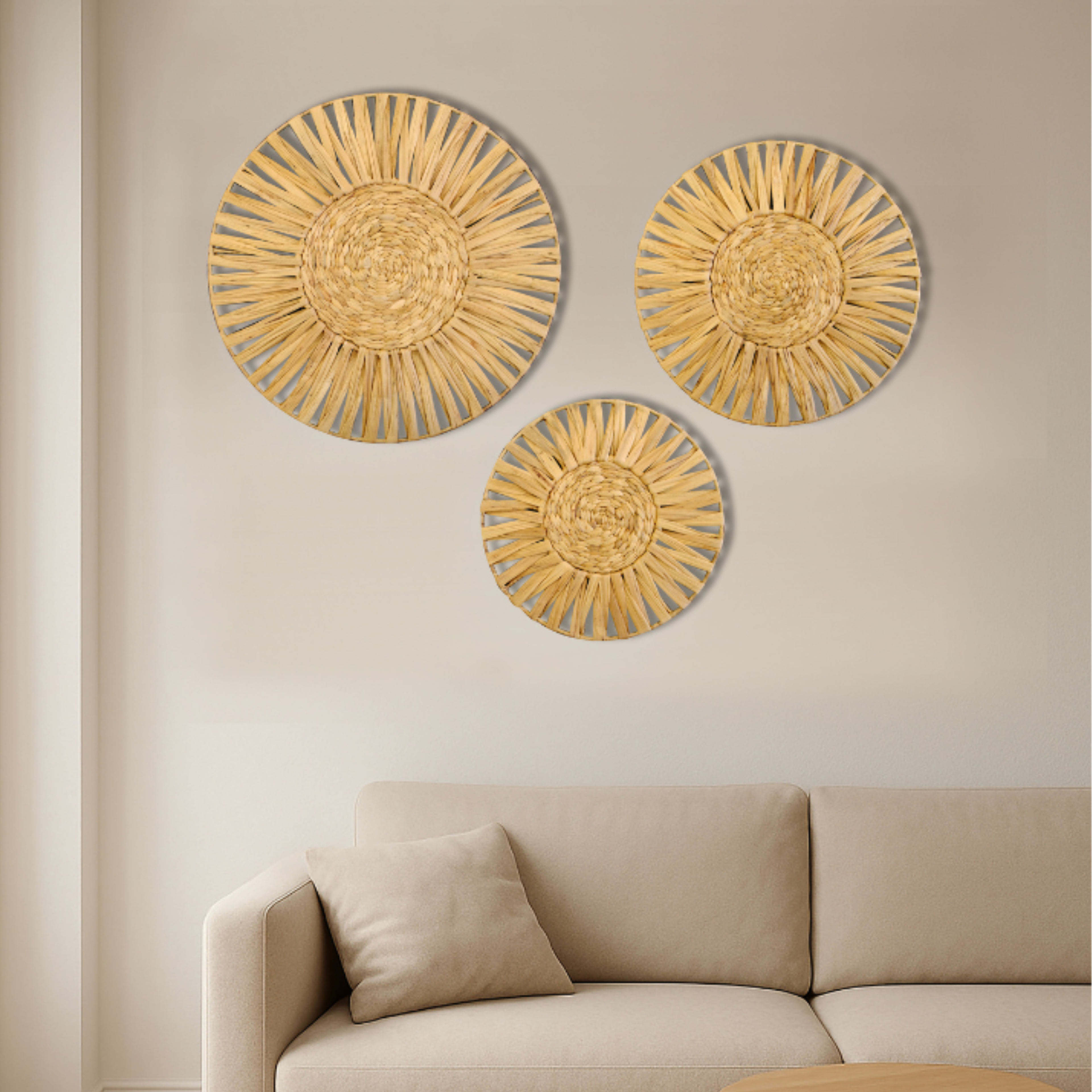Set Of 3 Handwoven Natural Fiber Wall Décor – Natural Boho Circular Design - Starburst Spoke