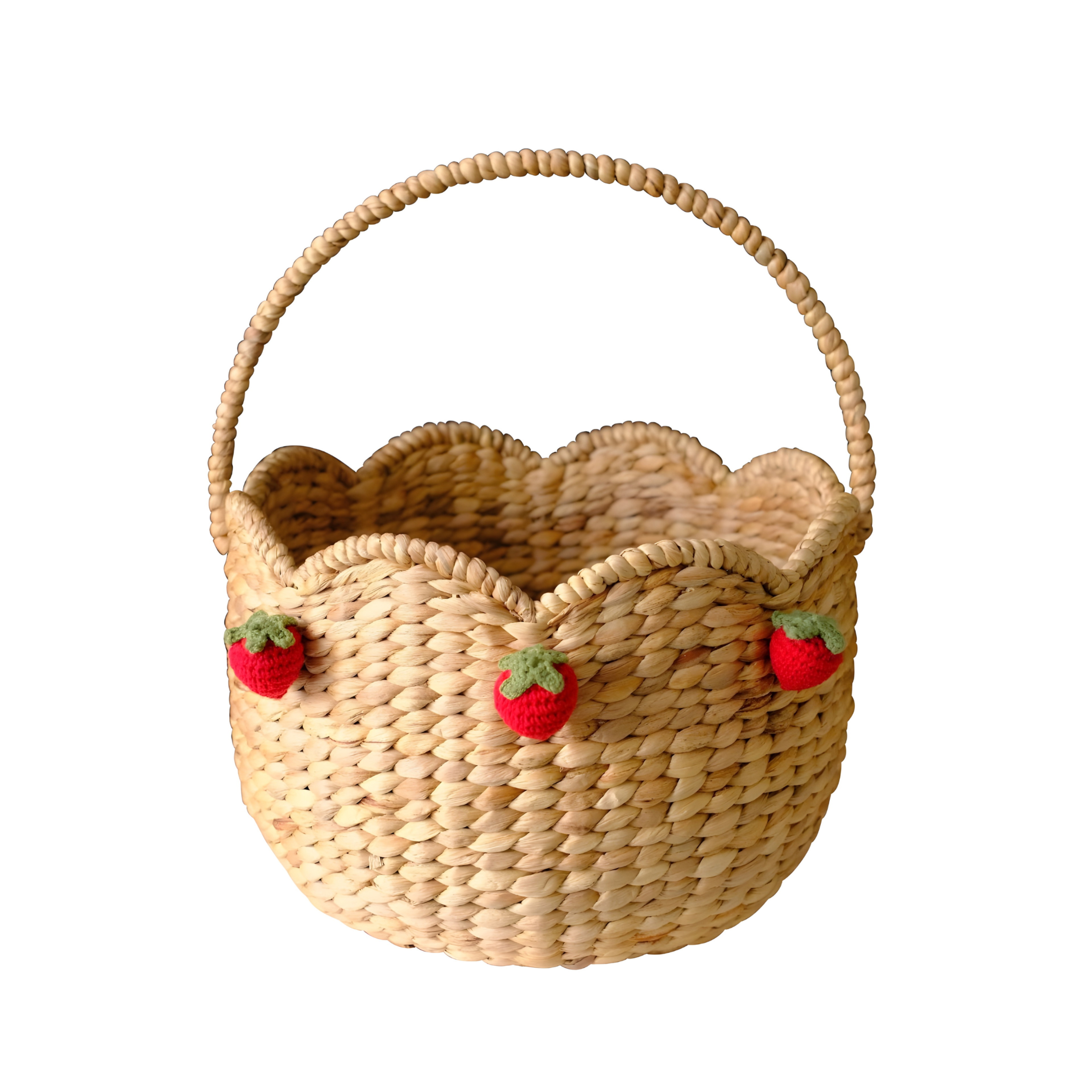 Handwoven Scalloped Basket With Handle – Natural Seagrass Storage With Strawberry Accents