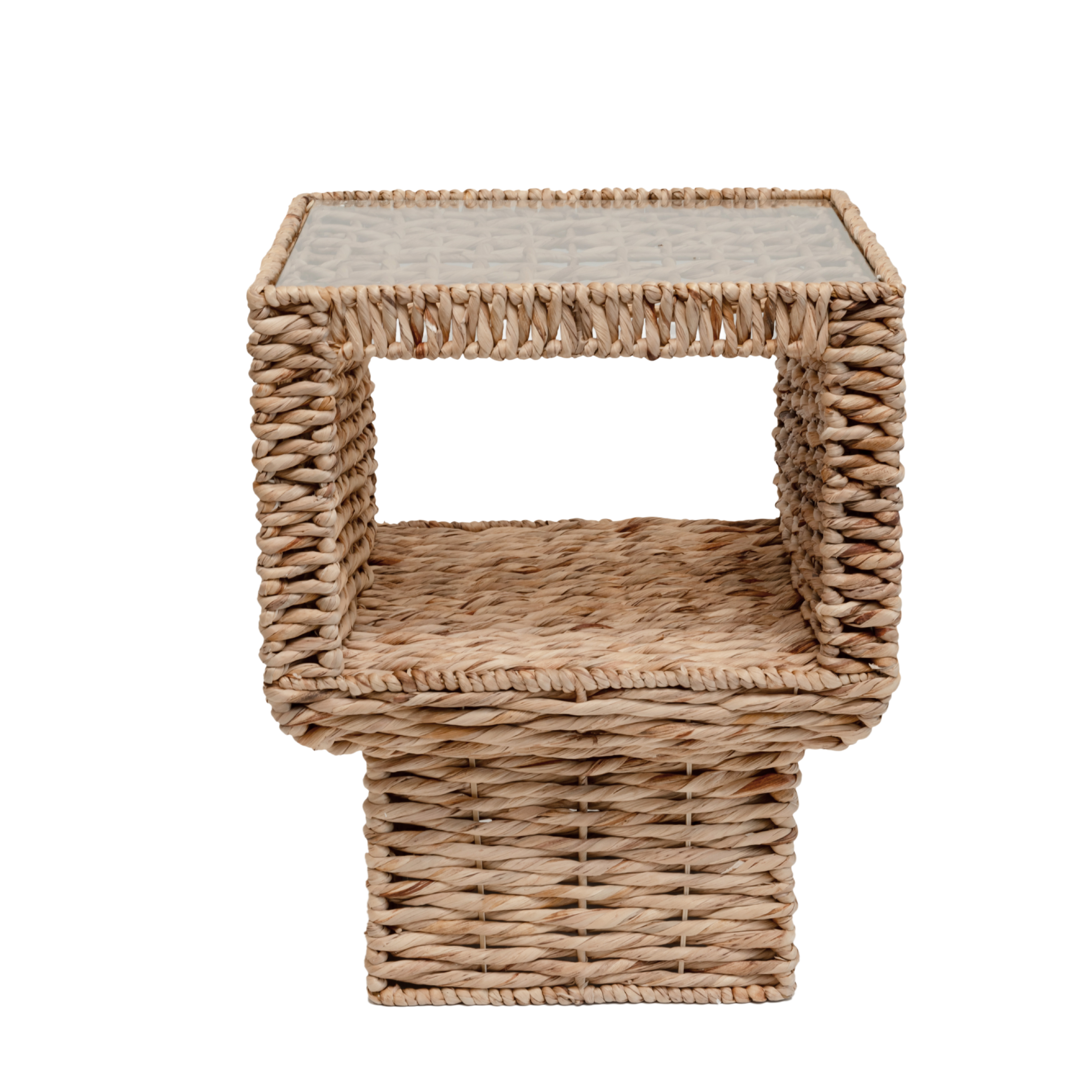Geometric Woven Side Table with Glass Top