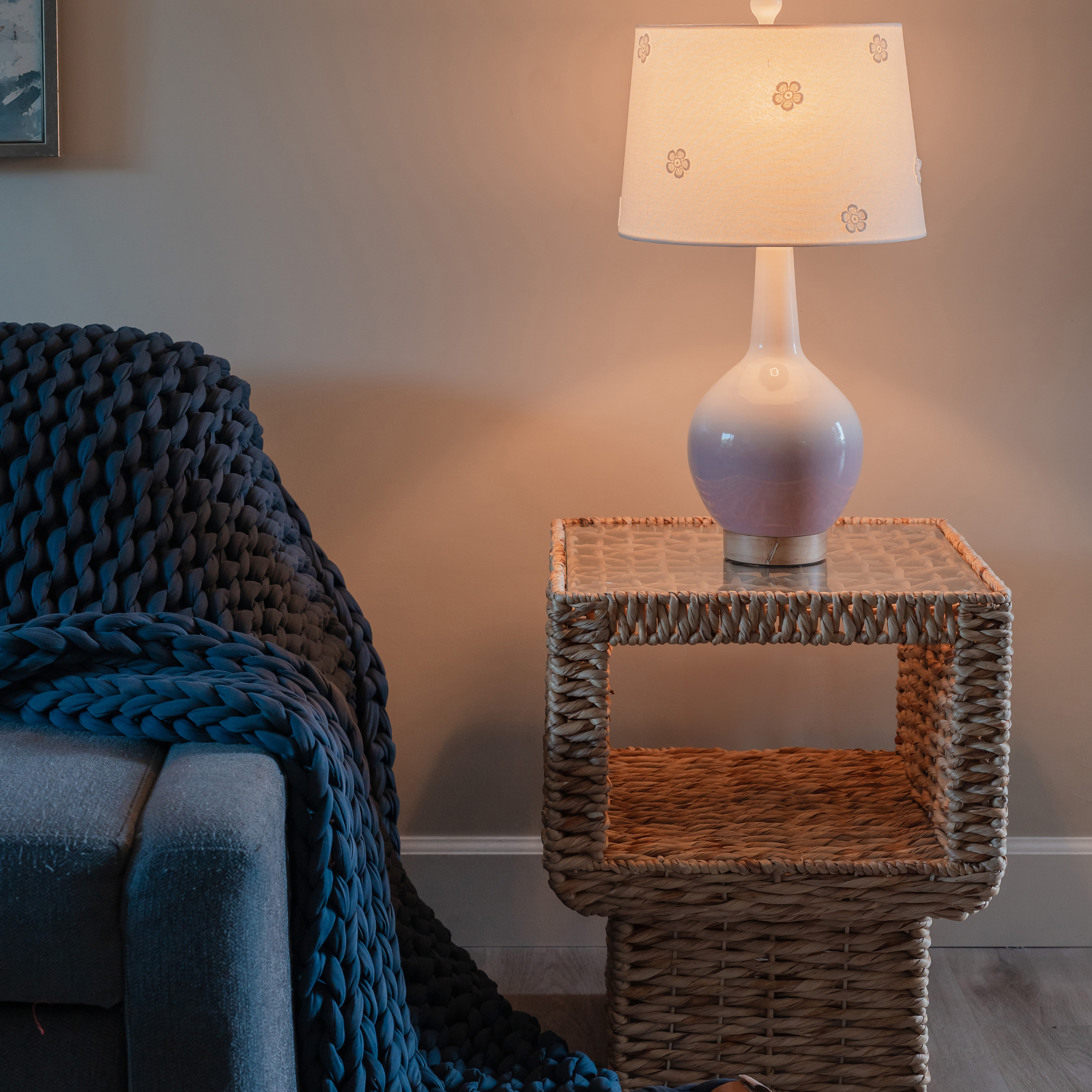 Geometric Woven Side Table with Glass Top