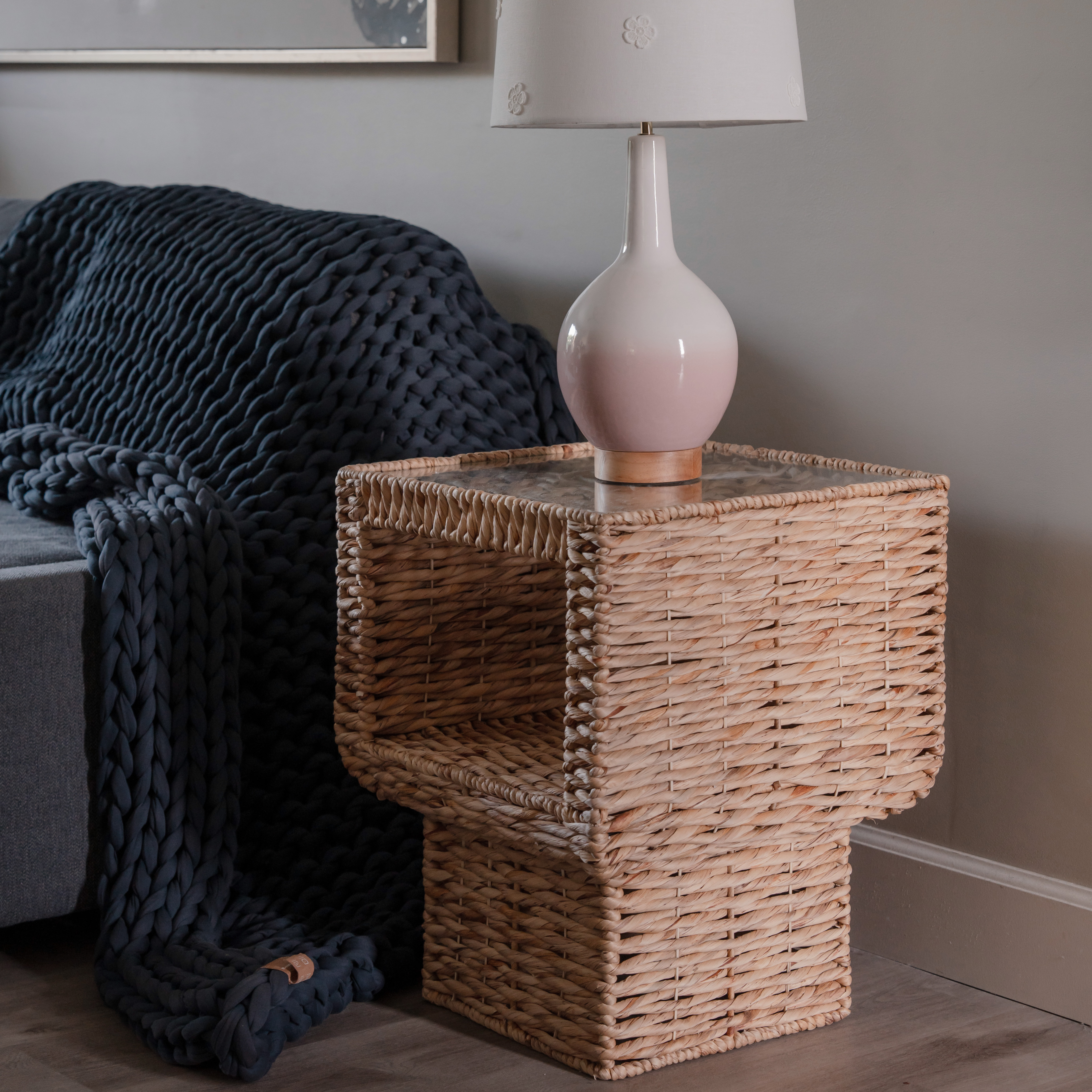 Geometric Woven Side Table with Glass Top