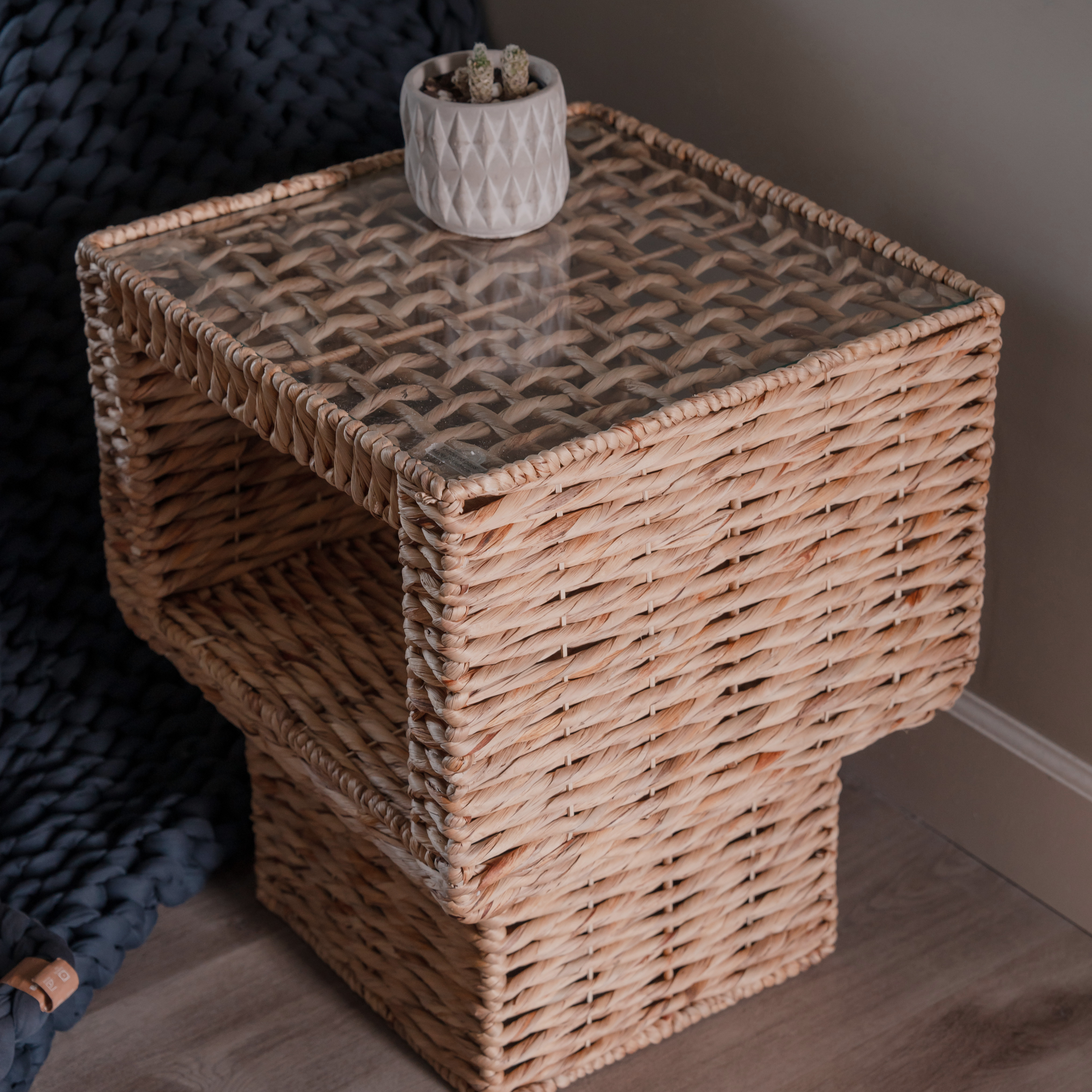 Geometric Woven Side Table with Glass Top