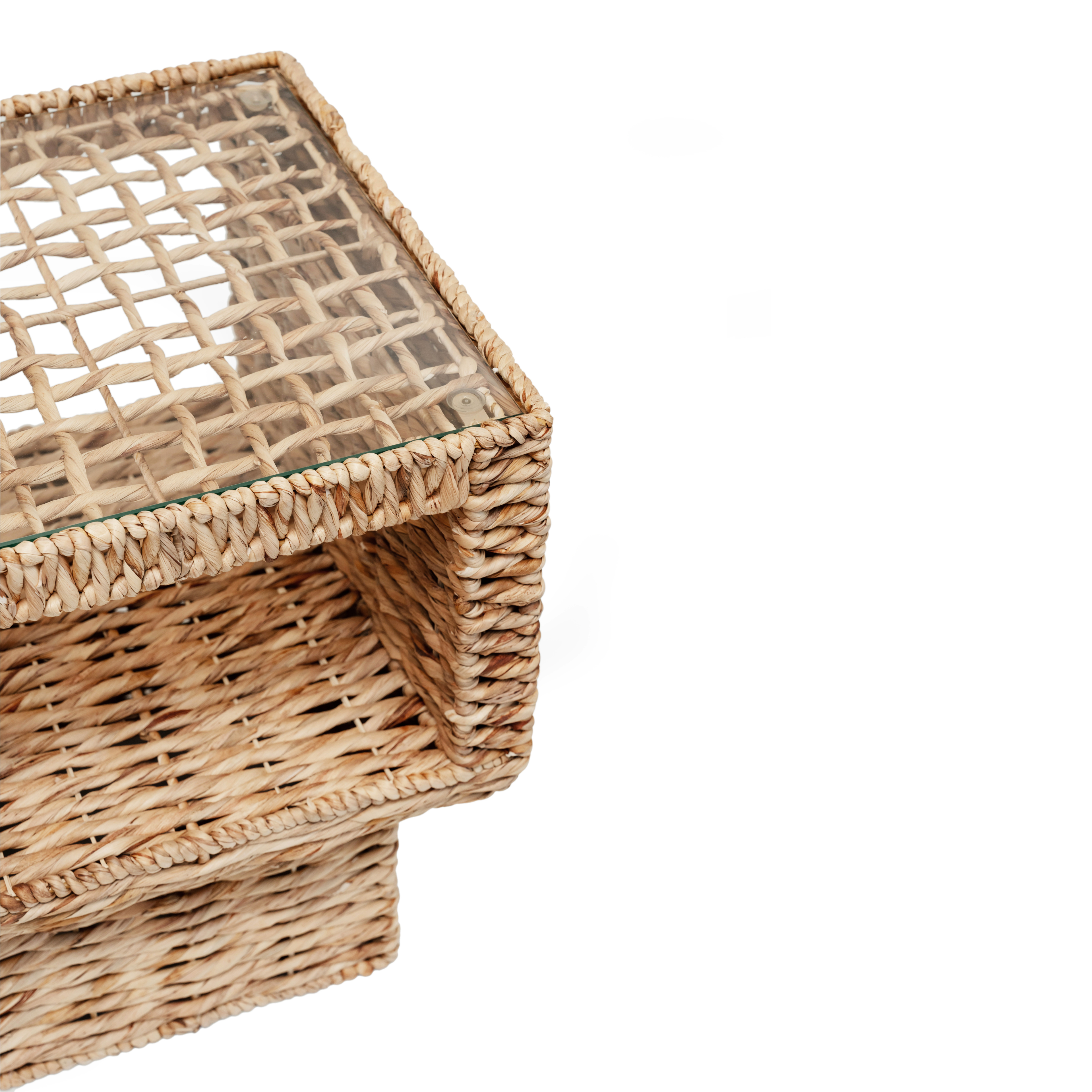 Geometric Woven Side Table with Glass Top
