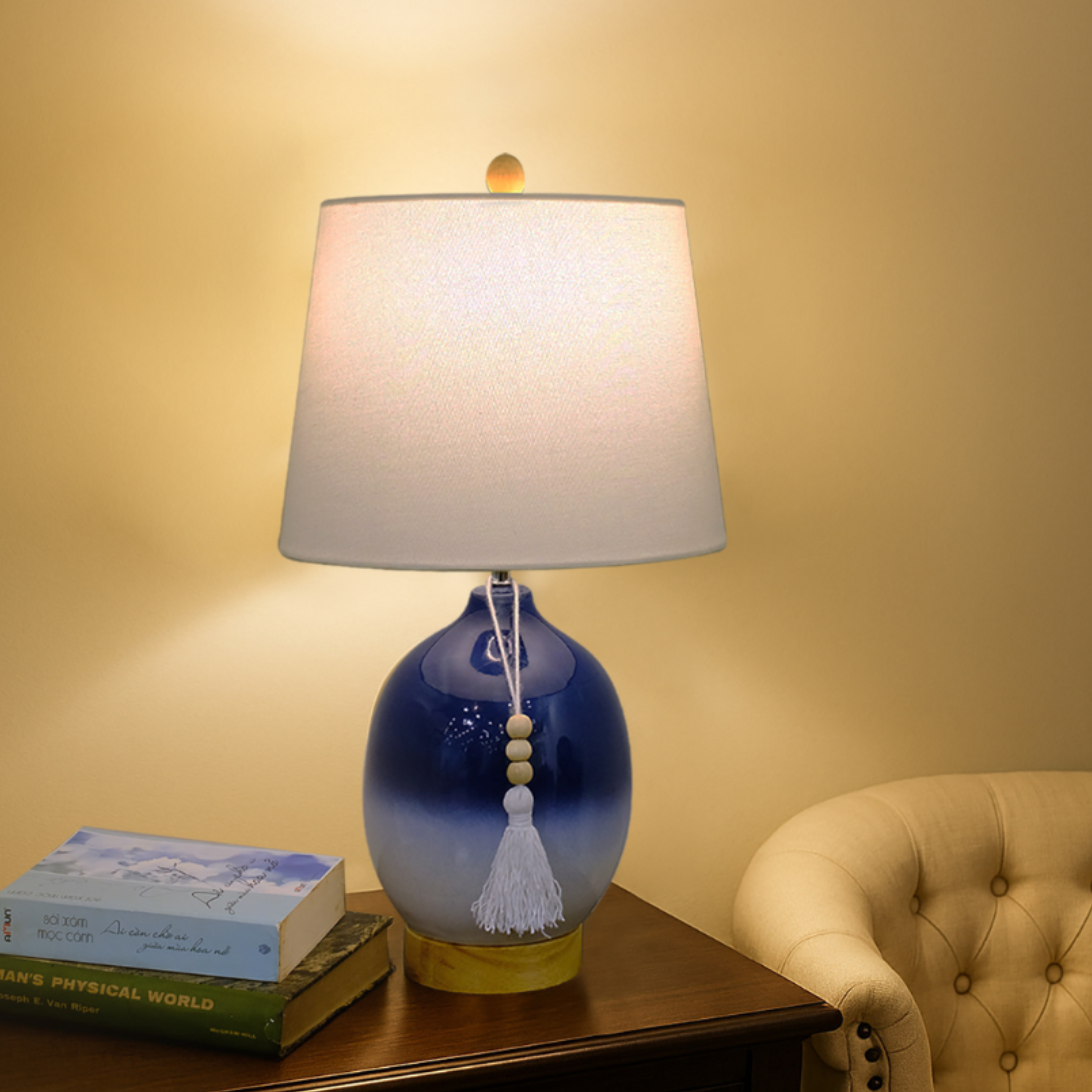 Ceramic Table Lamp with Tassel Accent - Blue Gradient Base and Fabric Shade