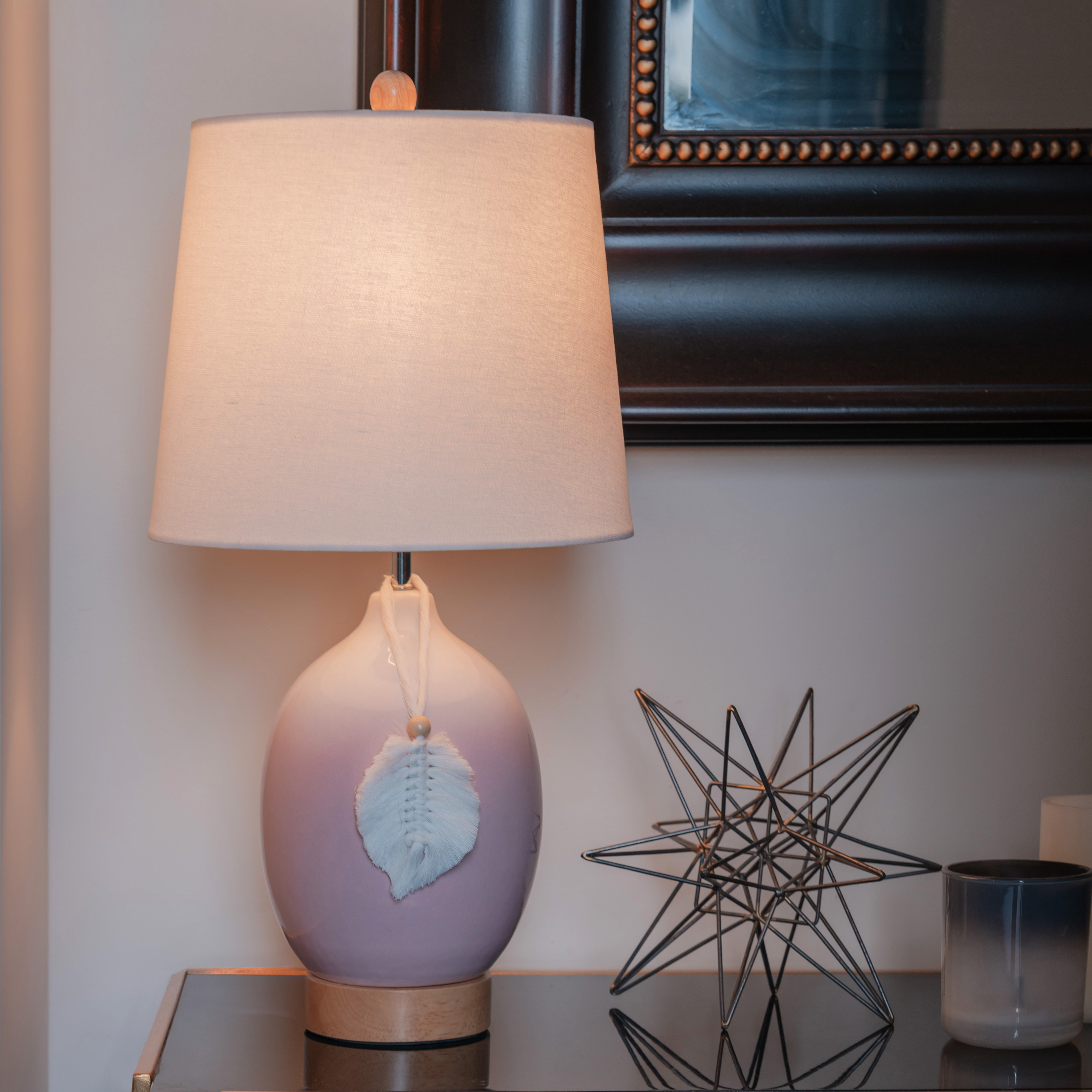 Ceramic Table Lamp with Tassel Accent - Pink Gradient Base and Fabric Shade