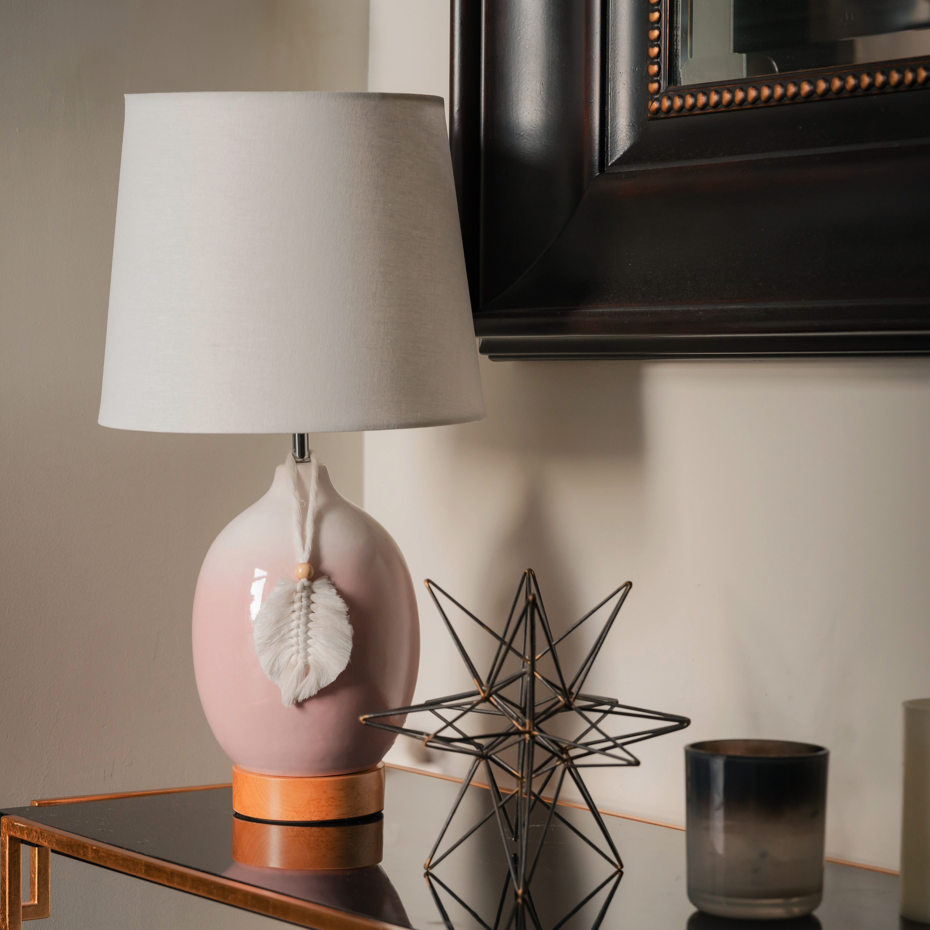 Ceramic Table Lamp with Tassel Accent - Pink Gradient Base and Fabric Shade