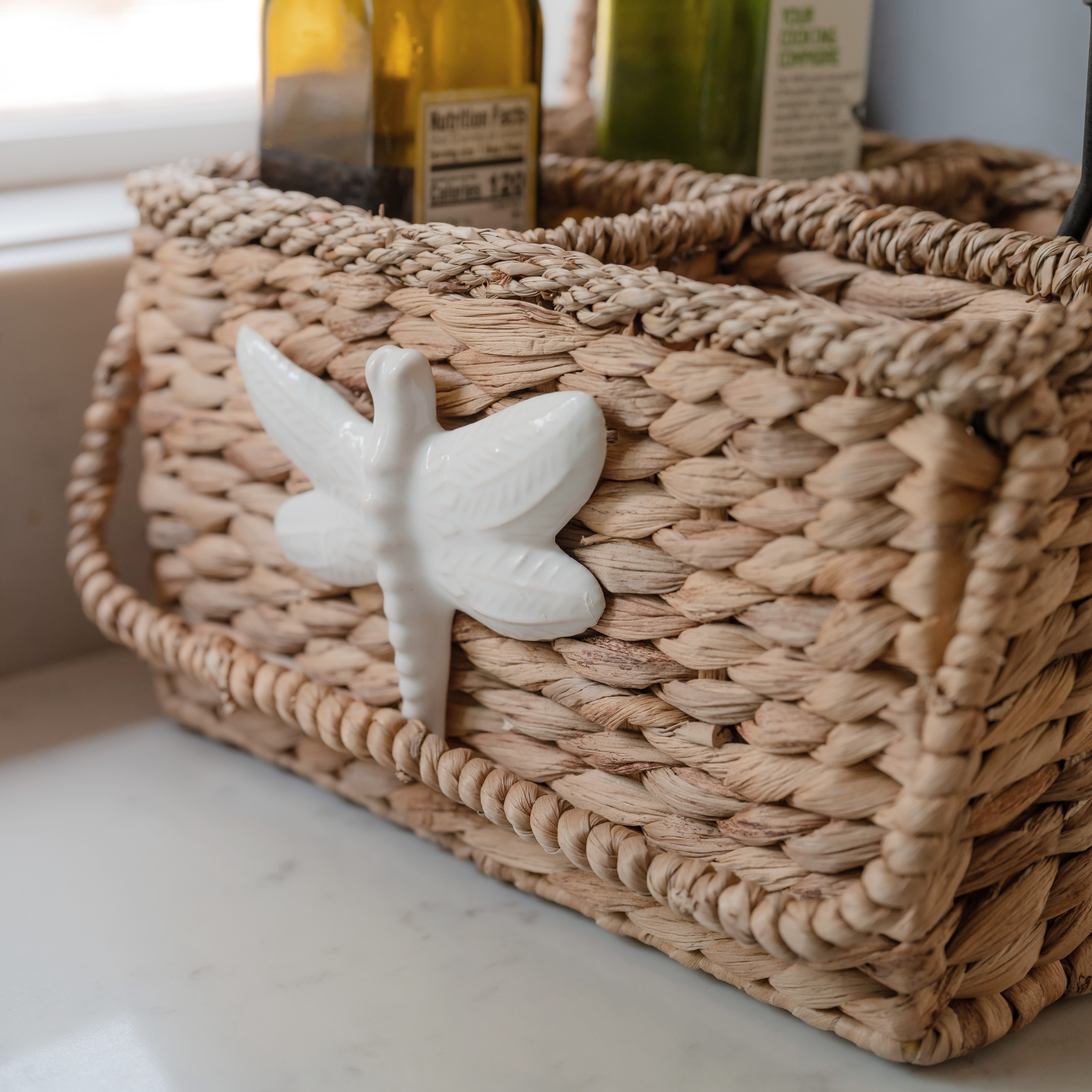 Rustic Woven Dragonfly Basket with Handle, Kitchen or Table Organizer