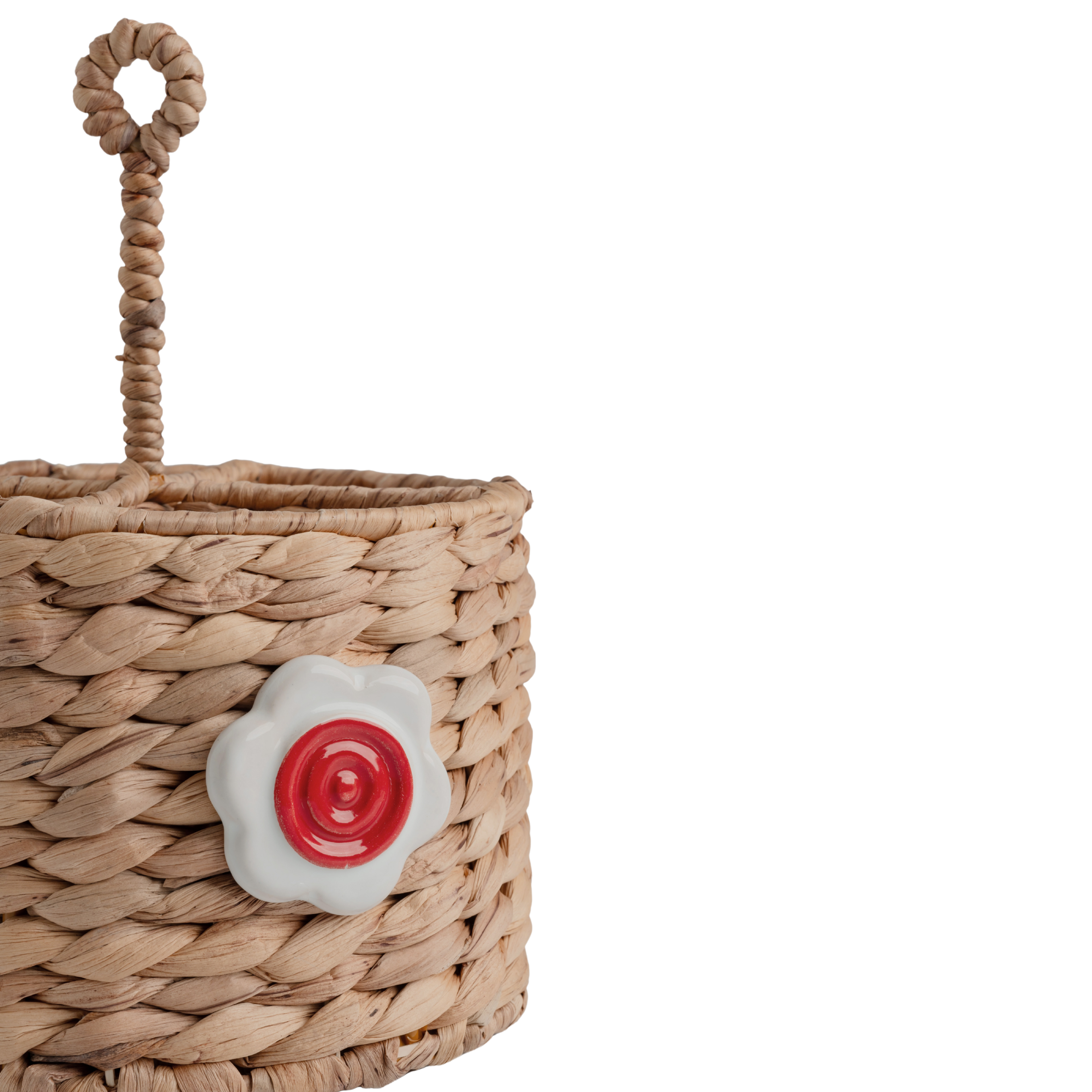 Handwoven Seagrass Utensil Holder with Red Ceramic Flower Accent