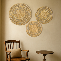 Set Of 3 Handwoven Natural Fiber Wall Décor – Natural Boho Circular Design - Starburst Ring
