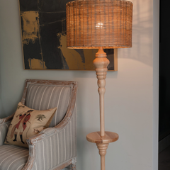 Natural Rattan Floor Lamp with Wooden Stand – Handcrafted Eco-Friendly Woven Light for Living Room or Bedroom Décor