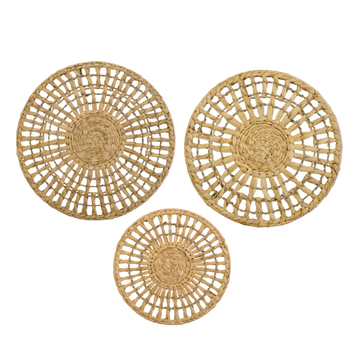 Set Of 3 Handwoven Natural Fiber Wall Décor – Natural Boho Circular Design - Starburst Ring