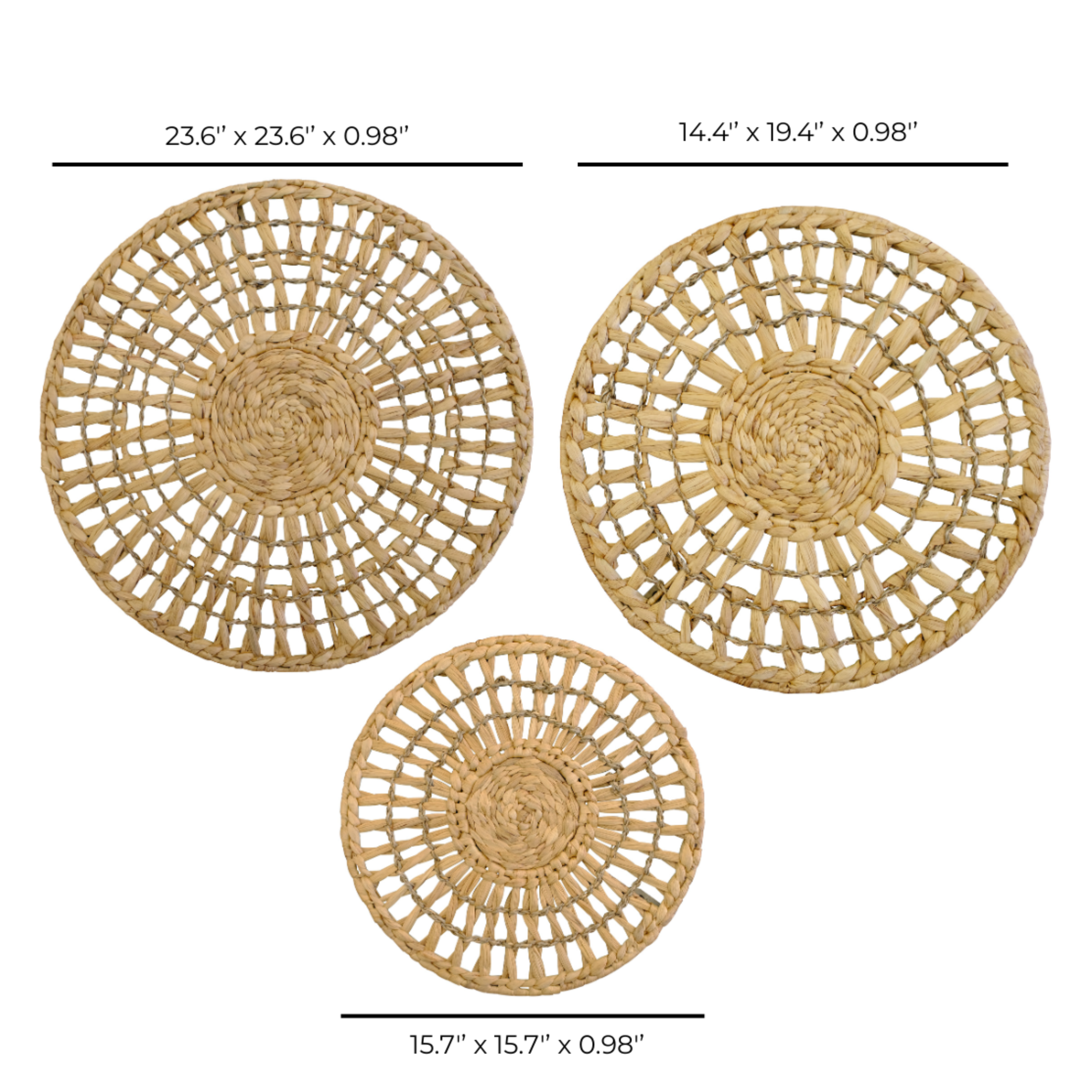 Set Of 3 Handwoven Natural Fiber Wall Décor – Natural Boho Circular Design - Starburst Ring