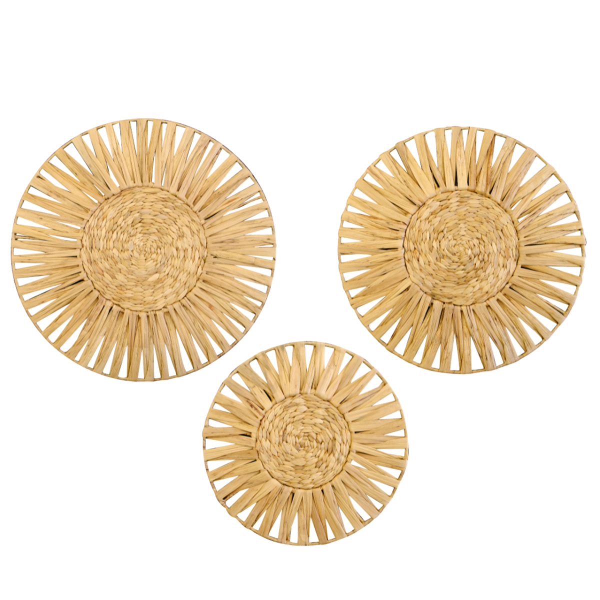 Set Of 3 Handwoven Natural Fiber Wall Décor – Natural Boho Circular Design - Starburst Spoke