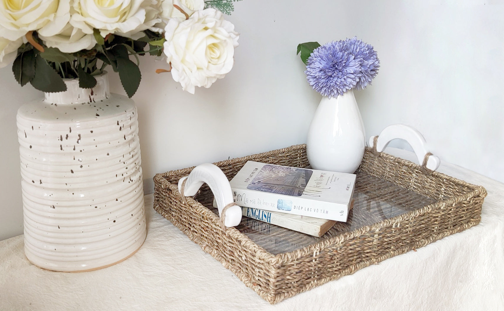 Handcrafted Seagrass Rectangular Tray with Ceramic Handles