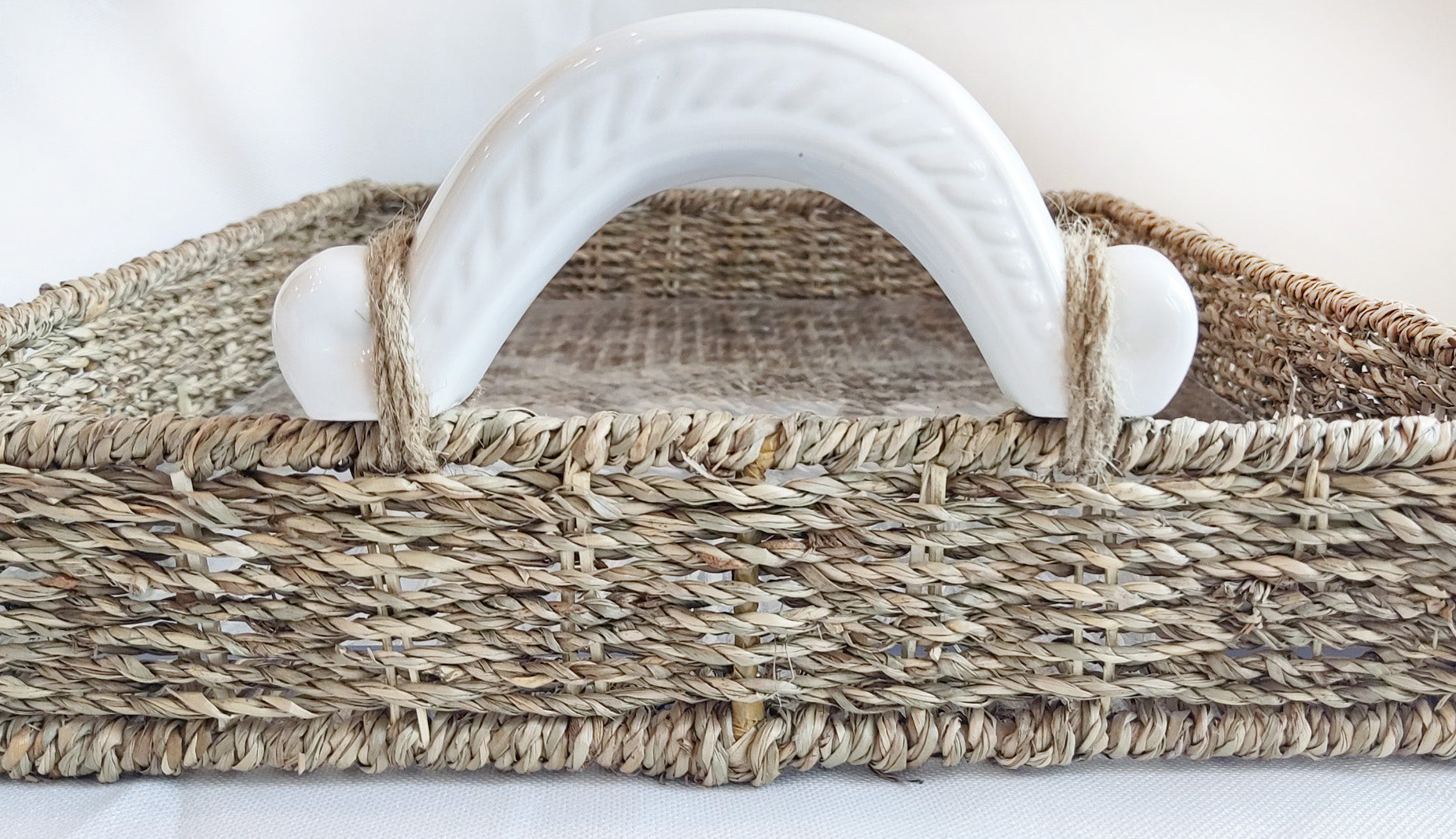 Handcrafted Seagrass Rectangular Tray with Ceramic Handles