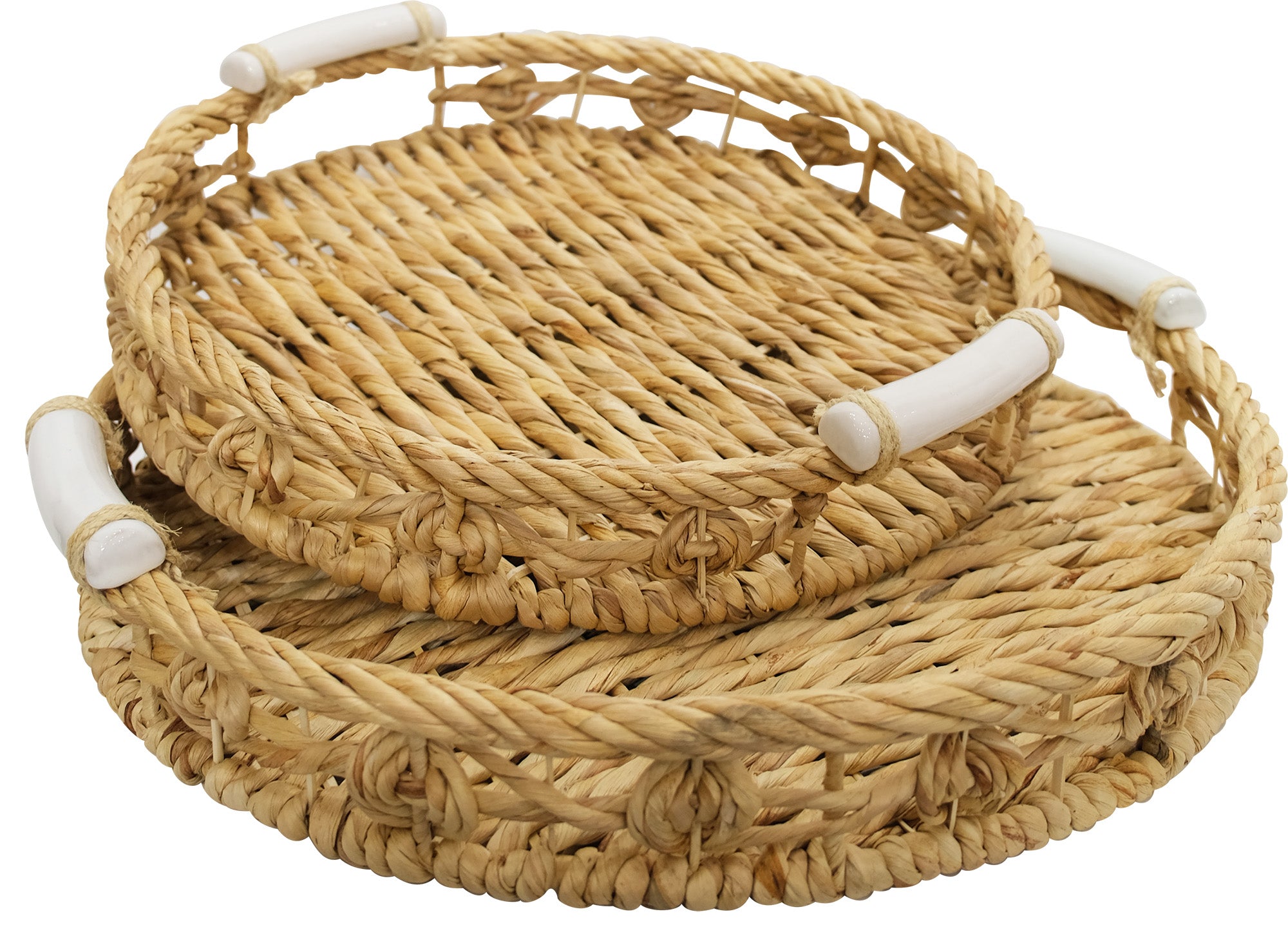 Set of 2 Twisted Water Hyacinth Round Trays with Ceramic Handles