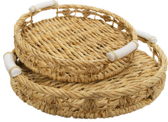 Set of 2 Twisted Water Hyacinth Round Trays with Ceramic Handles