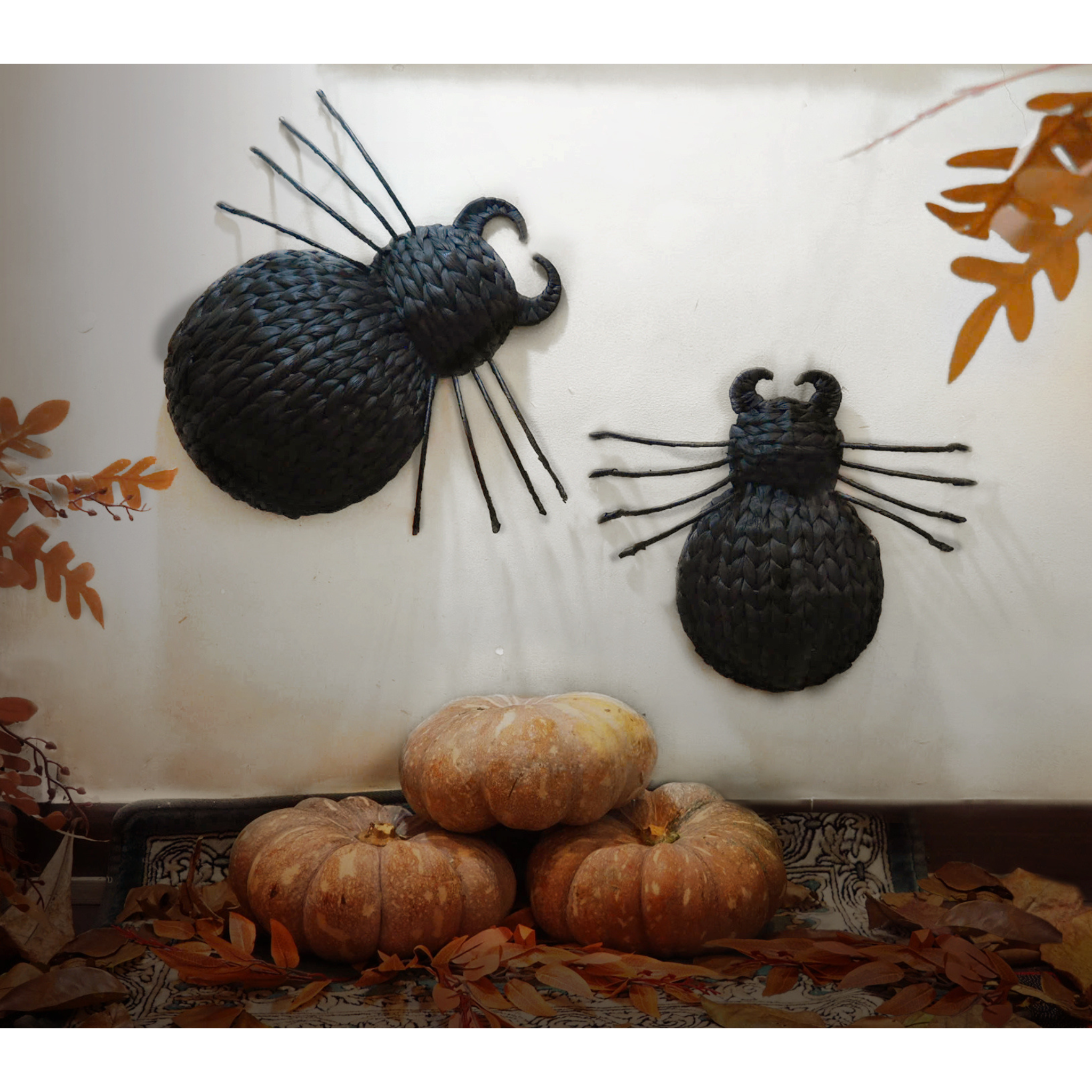 Set Of 2 Handwoven Black Spider Wall Decor With Curled Horn Detail – Halloween Accent Art