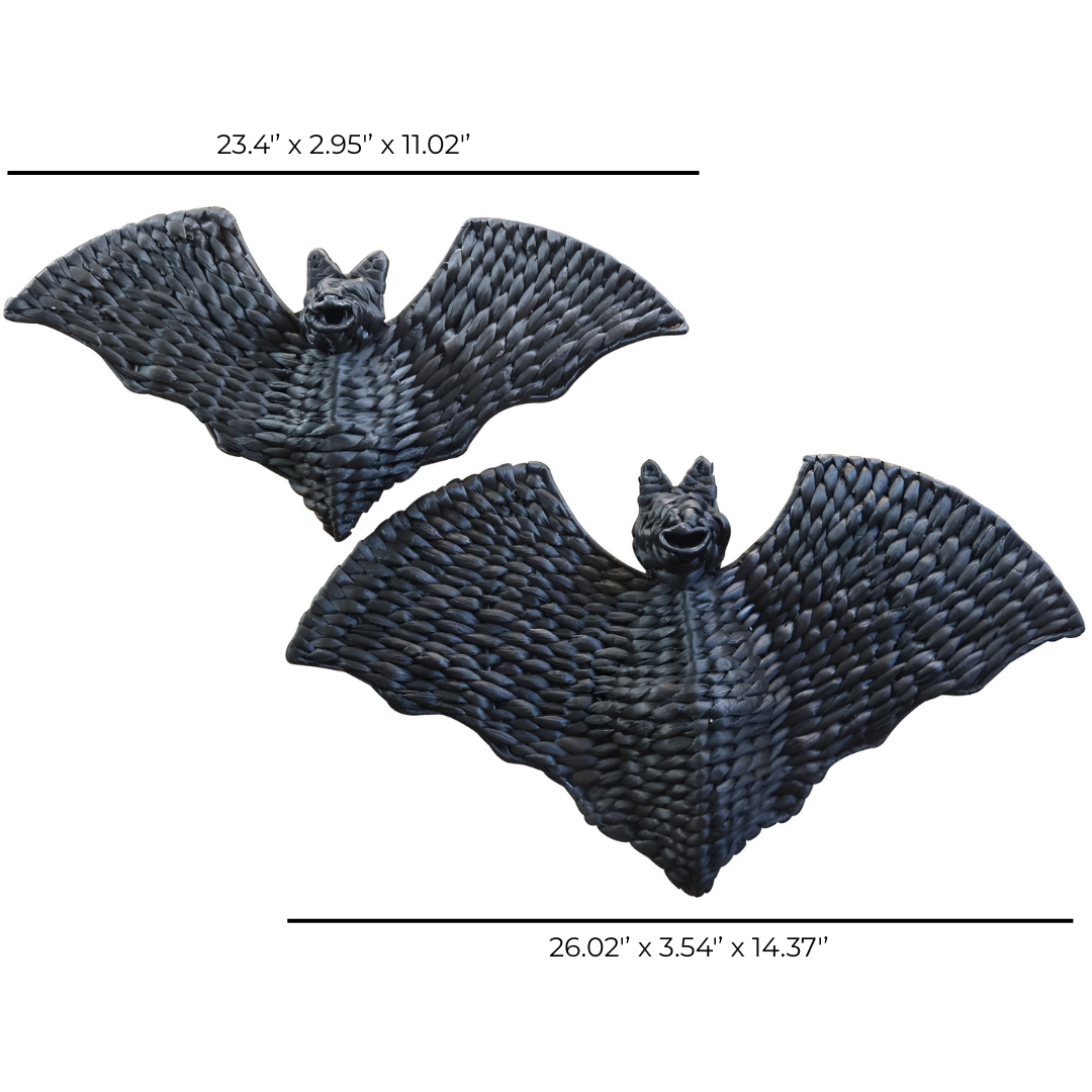 Set Of 2 Handwoven Black Bat Wall Hangings – Halloween Rattan Décor Accents