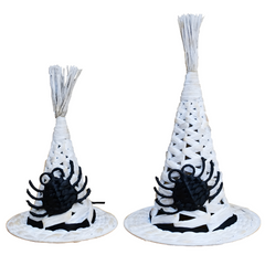 Set Of 2 Handwoven White Witch Hat Decorations With Black Spider Accent – Halloween Tabletop Decor