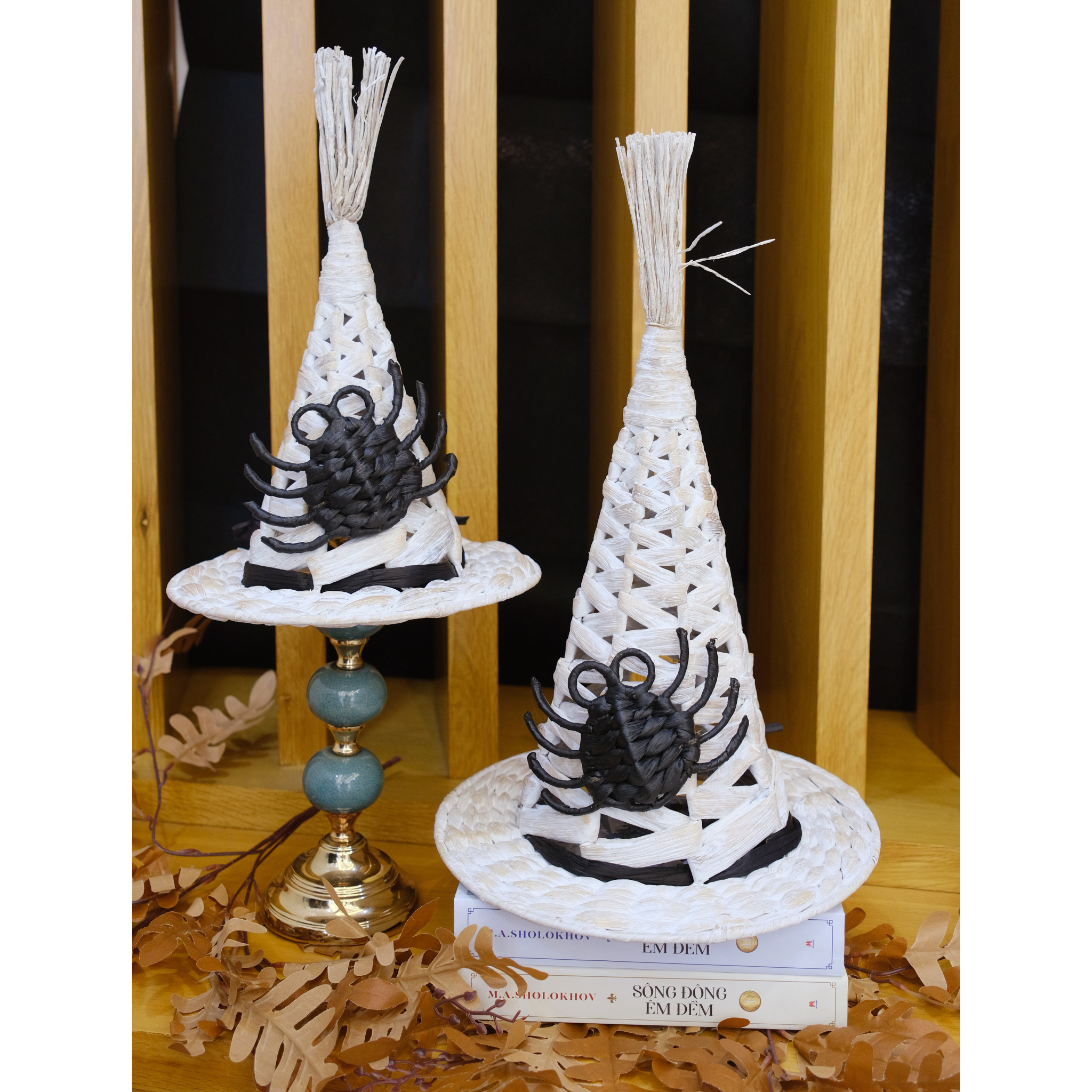 Set Of 2 Handwoven White Witch Hat Decorations With Black Spider Accent – Halloween Tabletop Decor