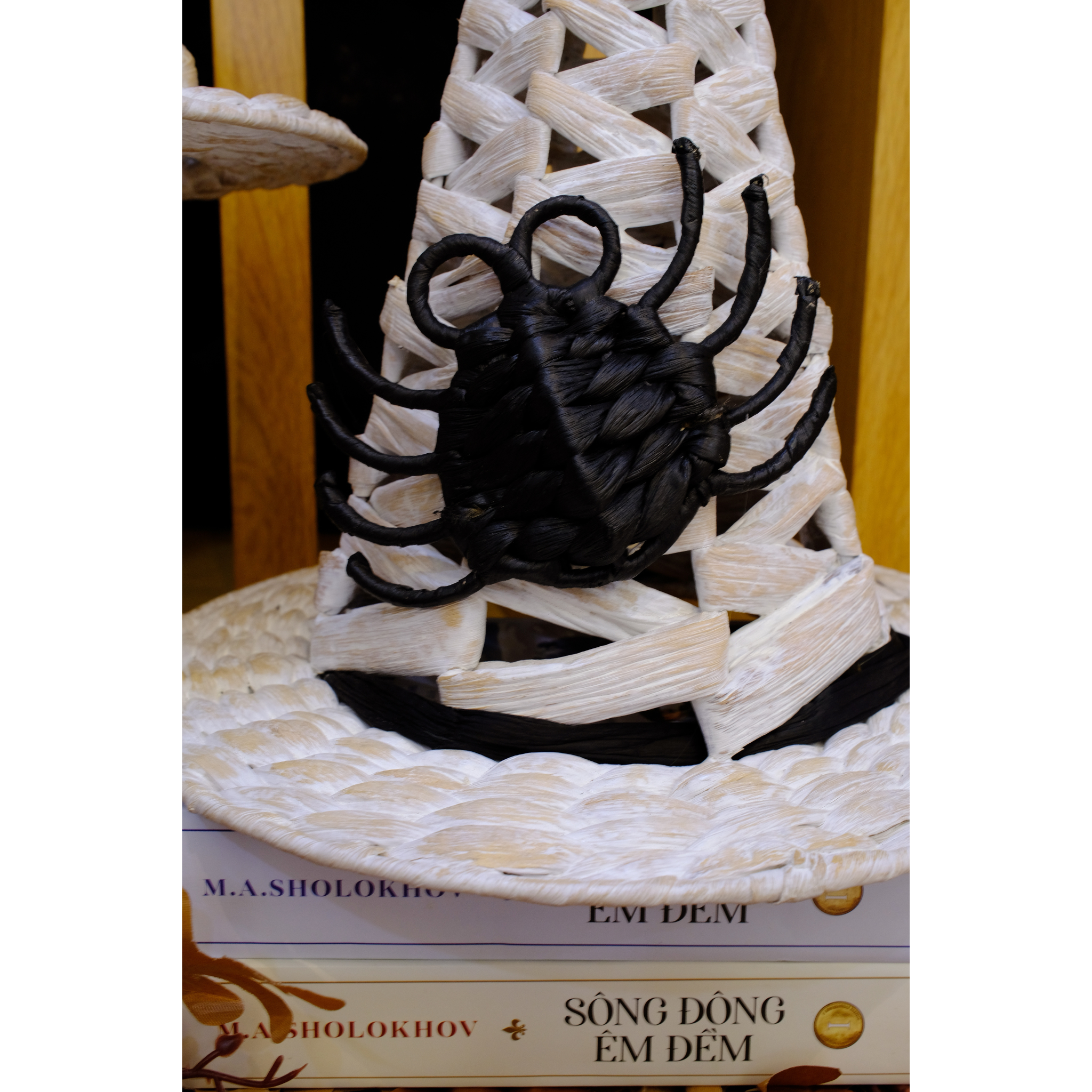 Set Of 2 Handwoven White Witch Hat Decorations With Black Spider Accent – Halloween Tabletop Decor