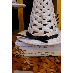 Set Of 2 Handwoven White Witch Hat Decorations With Black Spider Accent – Halloween Tabletop Decor